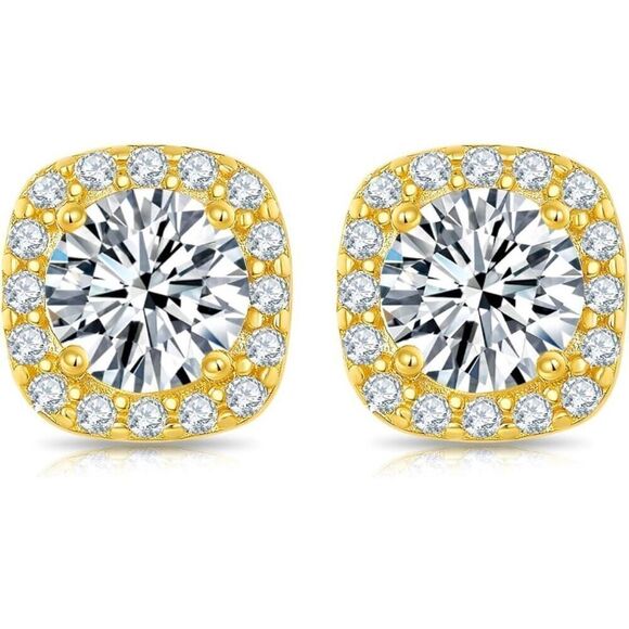 Moissanite 18K Gold Vermeil Halo Push Back Stud Earrings Womens - Picture 1 of 10